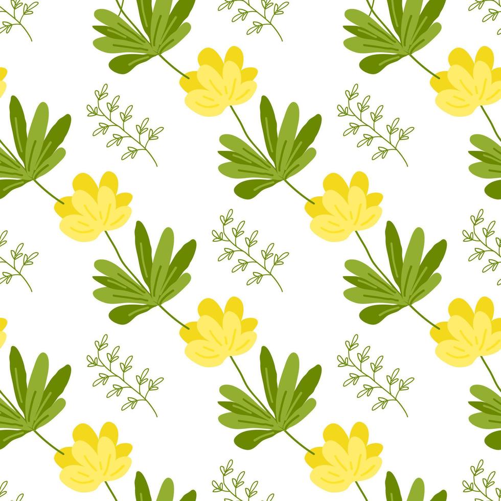 Seamless pattern of spring flowers and plants. Vector flat illustration.