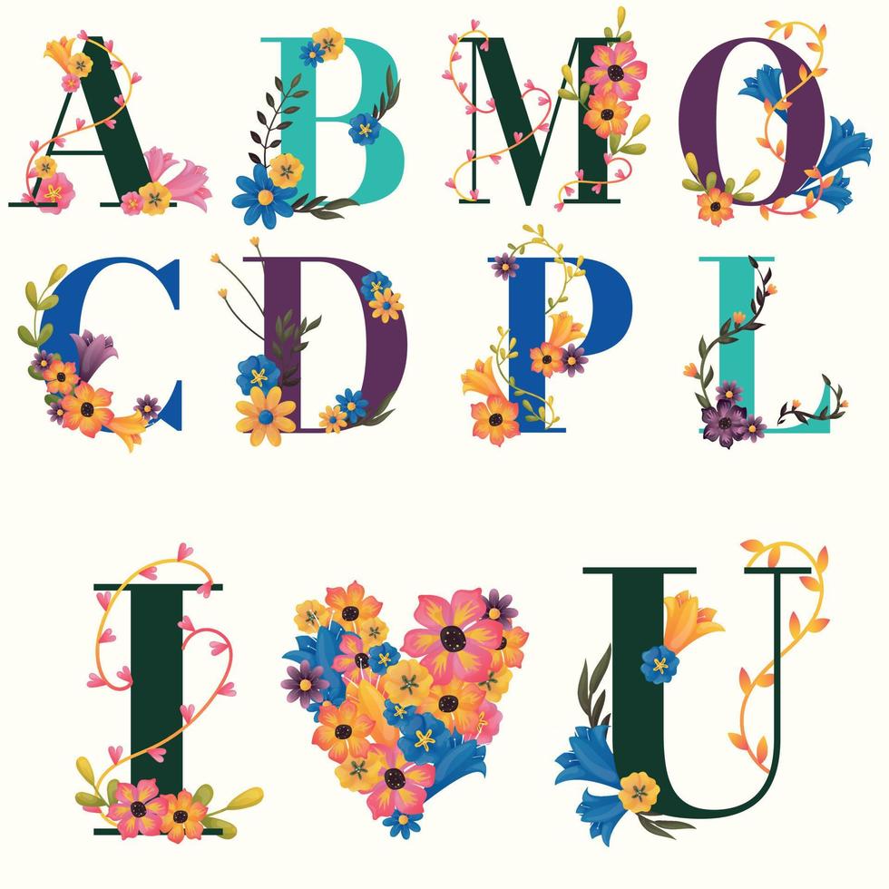 Multi-colored English letters and the inscription I love you with beautiful spring flowers. Latin alphabet with floral elements and ornament. Capital beautiful letters with flowers and leaves for book vector
