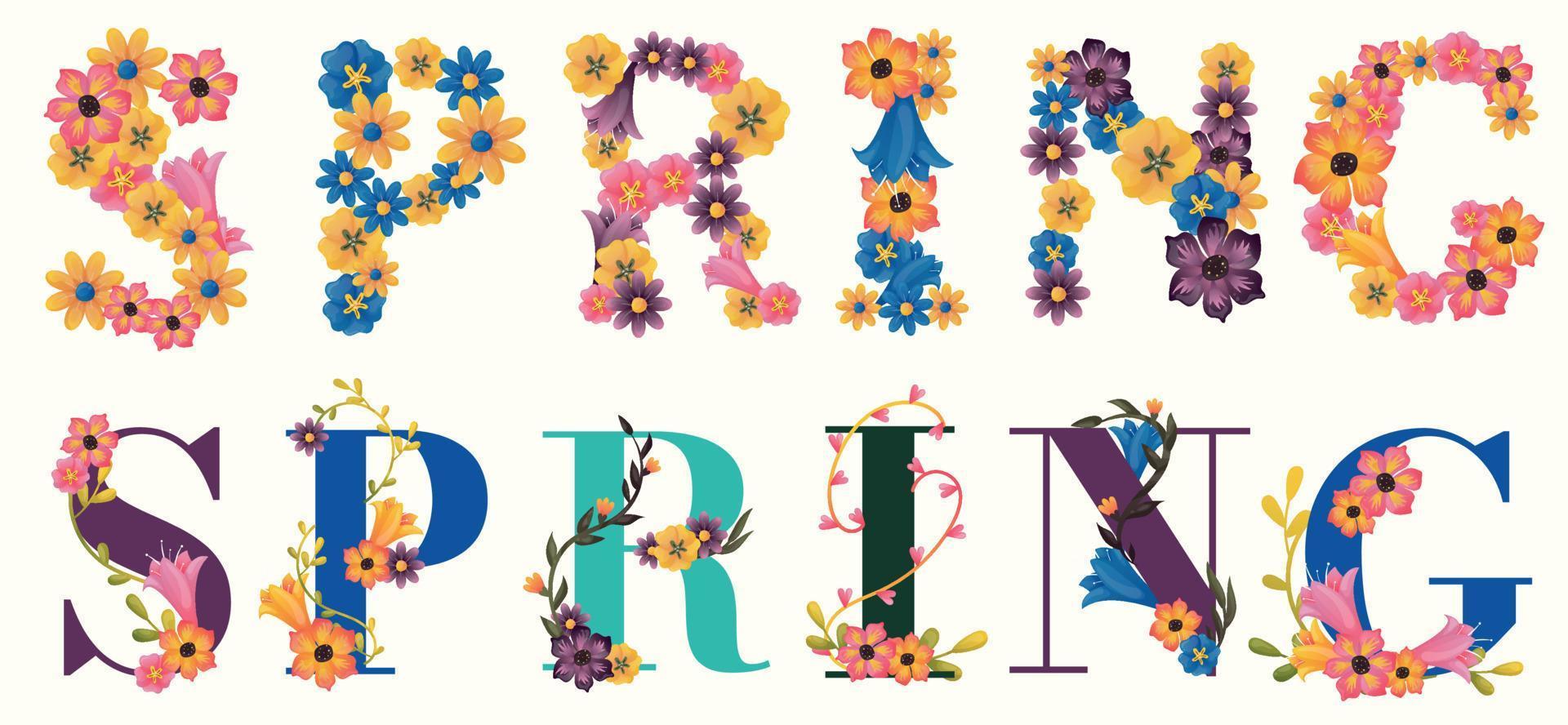 Inscription spring in English with flowers. English word made with flowers. Colorful letters with spring beautiful flowers. Lettering for spring postcard, banner or for print. Promotional poster vector