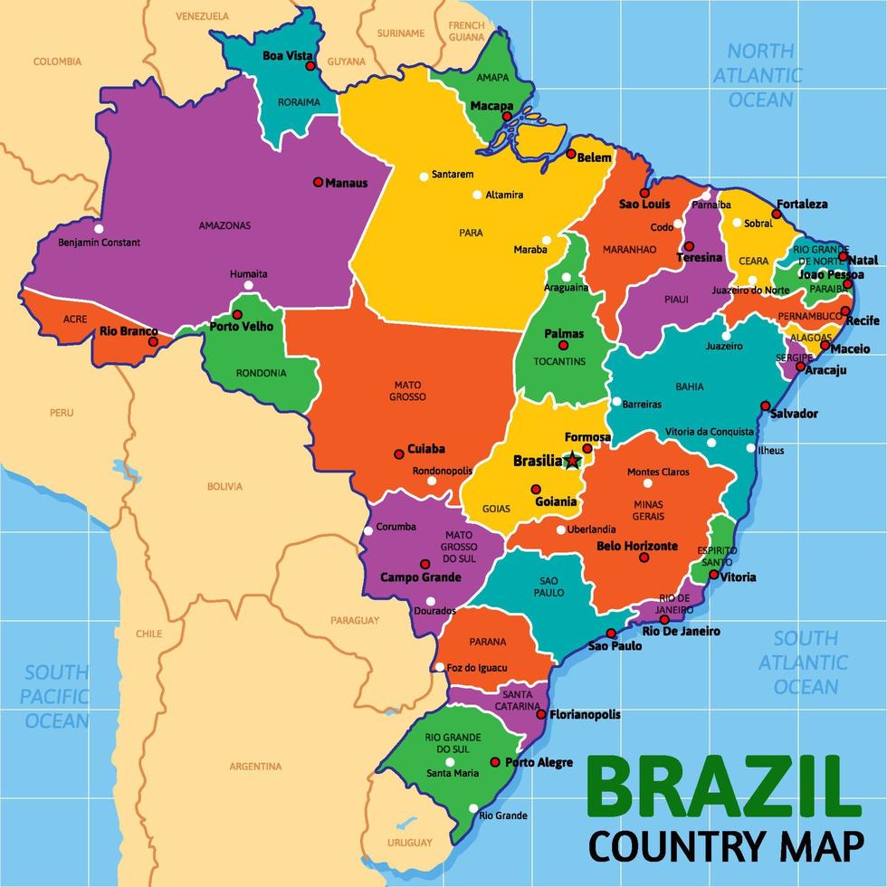 Brazil Country Map and Surrounding Borders vector