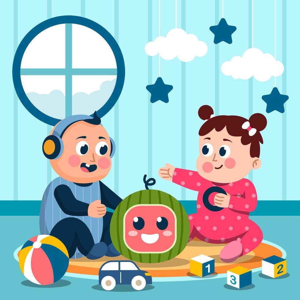 Cute Baby Boy and Girl Playing at Home vector