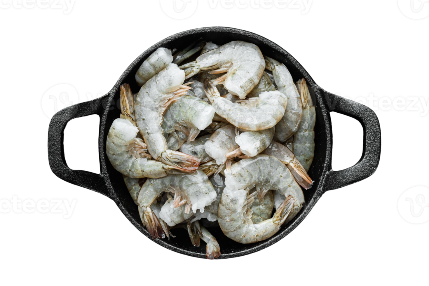 Black casserole with prawns isolated on a transparent background png