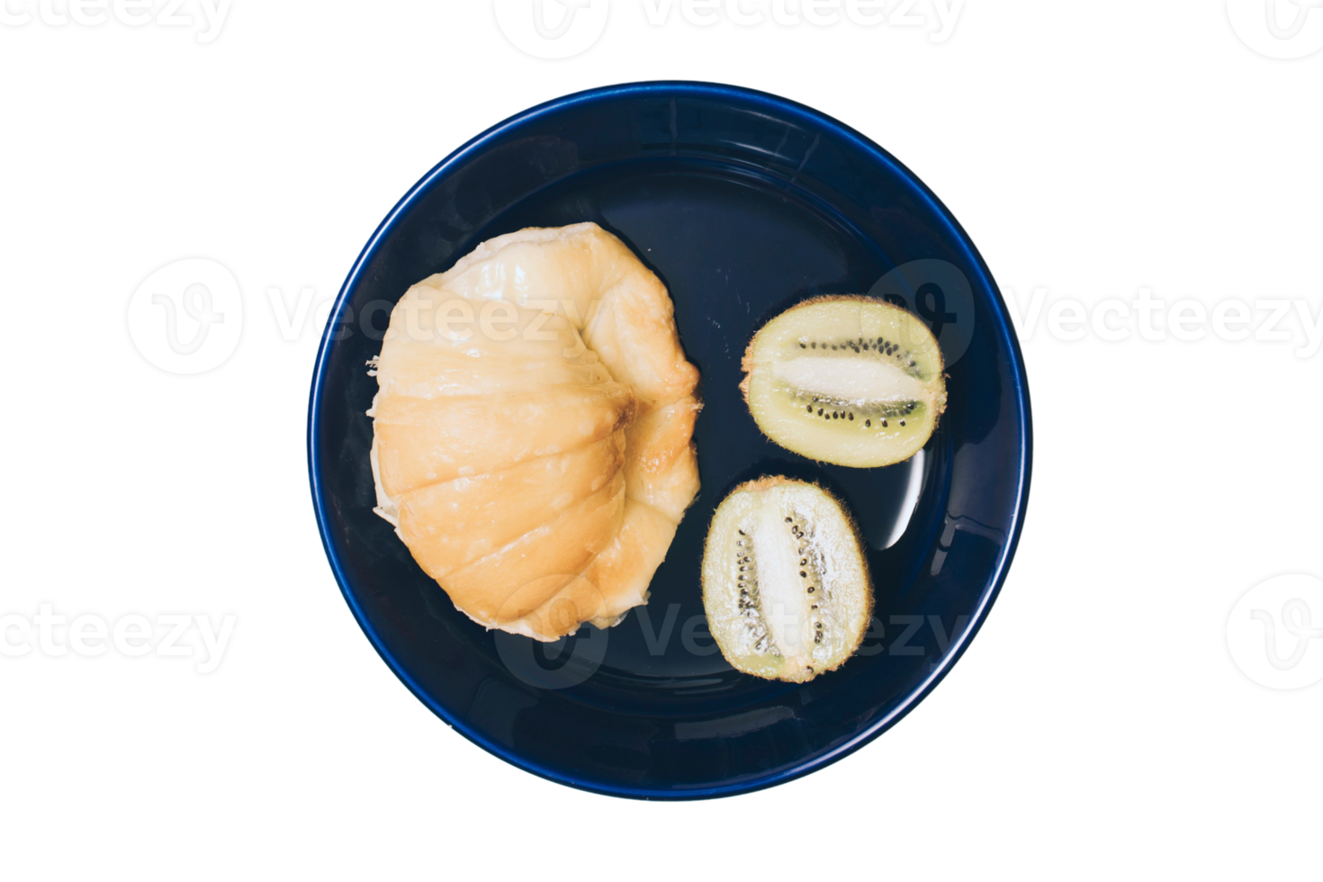 Blue plate with bread and kiwis isolated on a transparent background png