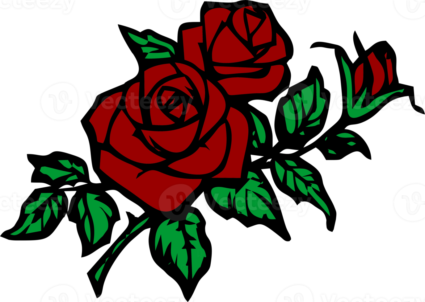red rose branch drawing with black outline no background, isolated element png