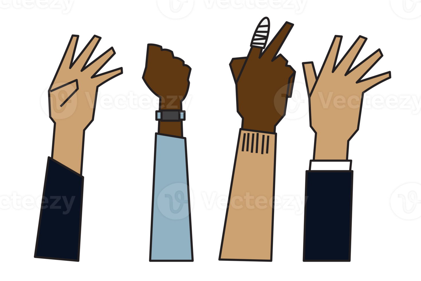 people raising hands that are different Ethnicity, gender, age and skin color png
