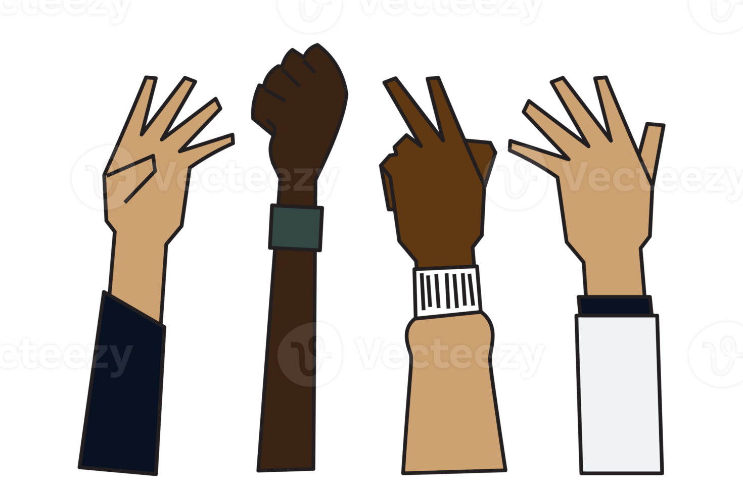 people raising hands that are different Ethnicity, gender, age and skin color png