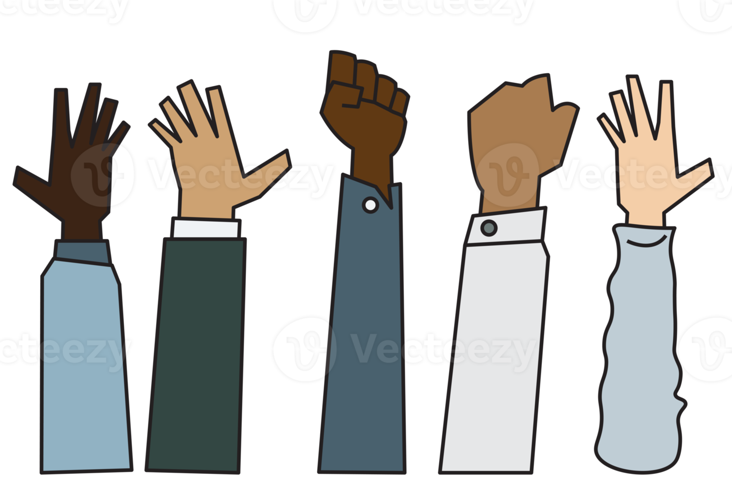 people raising hands that are different Ethnicity, gender, age and skin color png