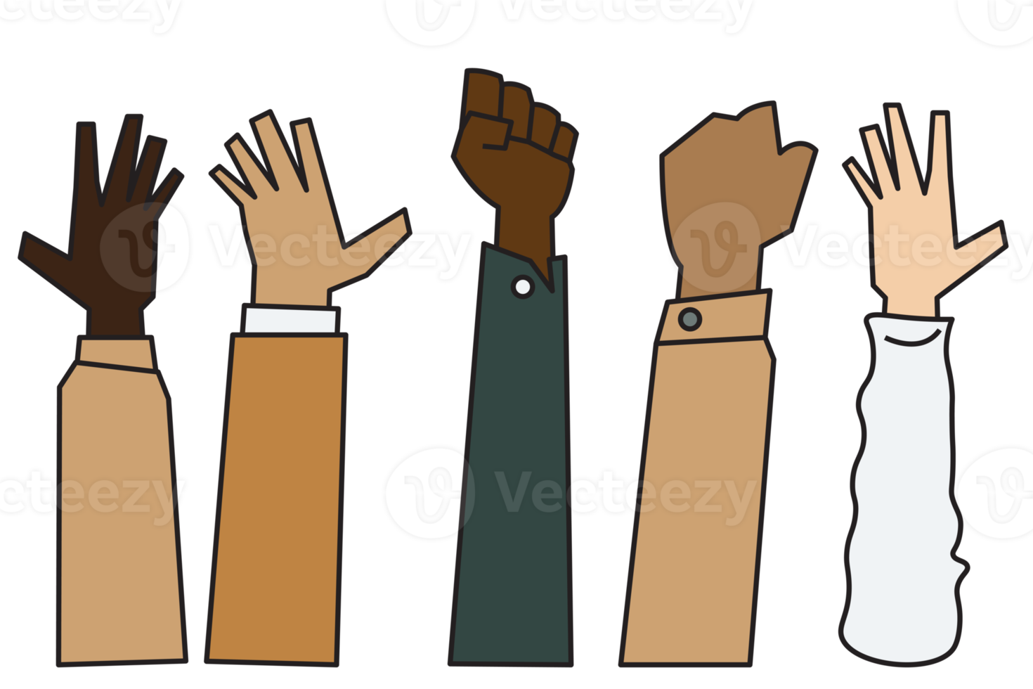 people raising hands that are different Ethnicity, gender, age and skin color png