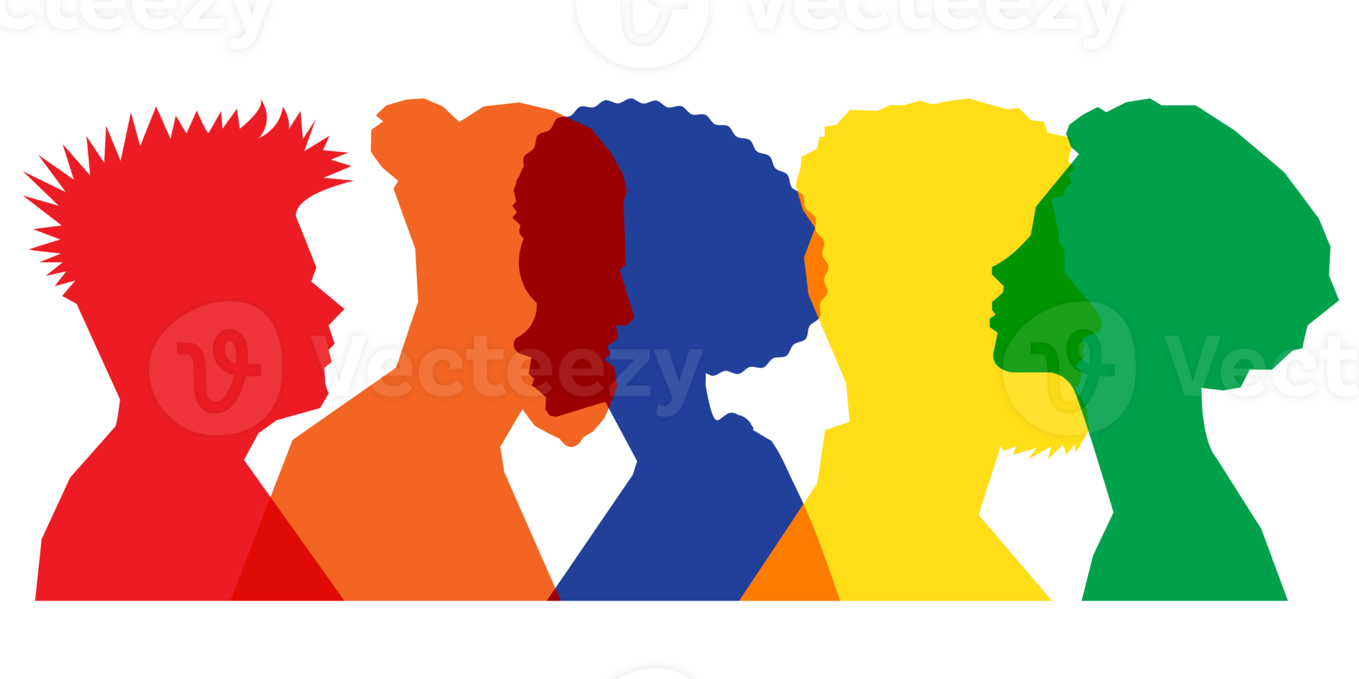 Colored silhouette people, Multiple exposure, Concept on diversity and teamwork png