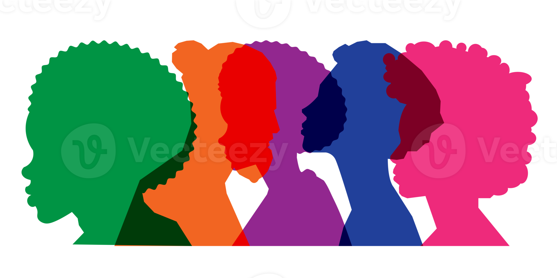 Colored silhouette people, Multiple exposure, Concept on diversity and teamwork png