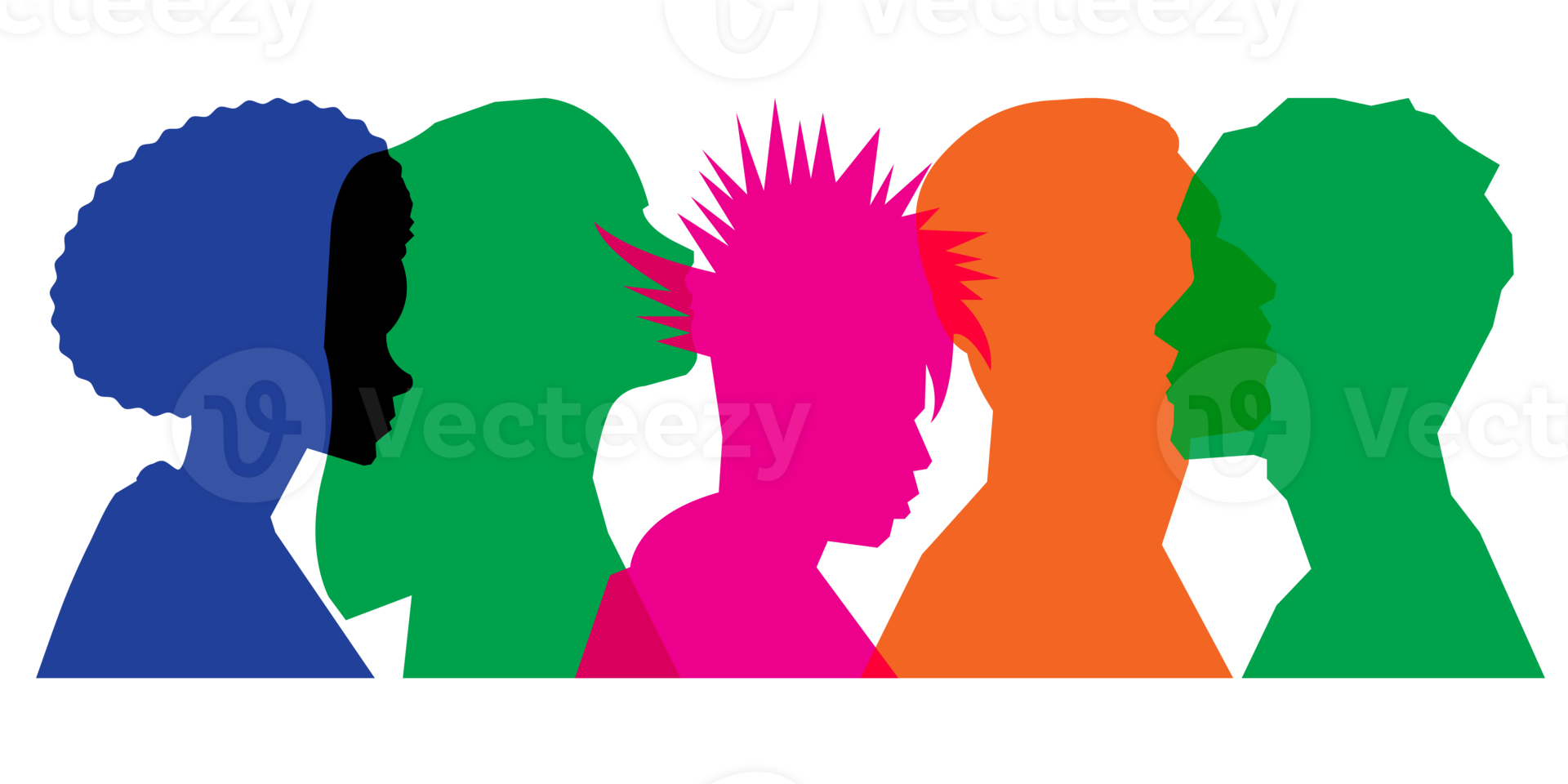 Colored silhouette people, Multiple exposure, Concept on diversity and teamwork png