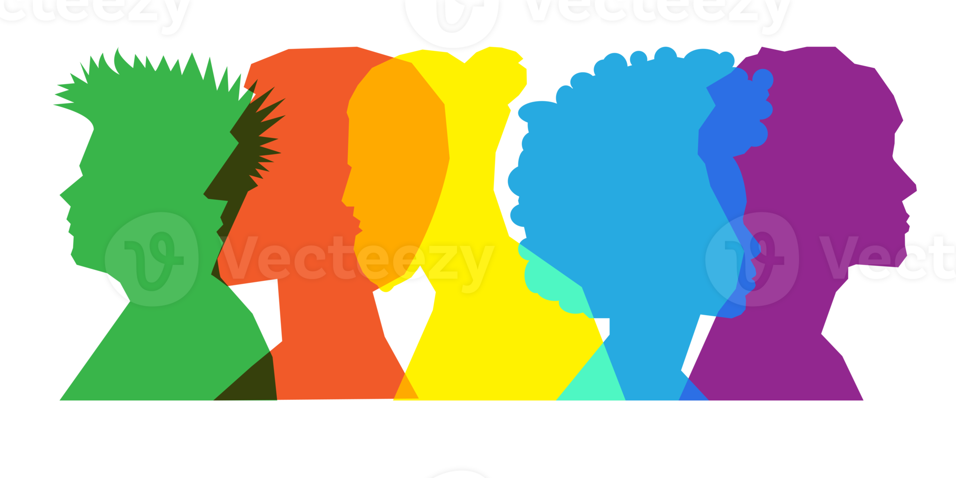 Colored silhouette people, Multiple exposure, Concept on diversity and teamwork png