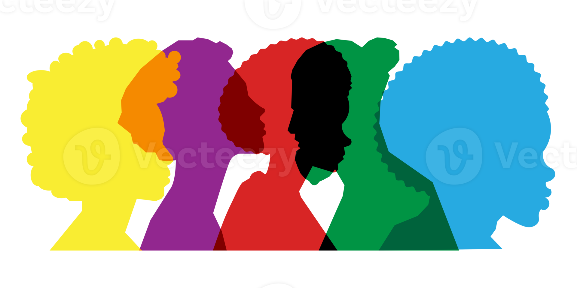Colored silhouette people, Multiple exposure, Concept on diversity and teamwork png