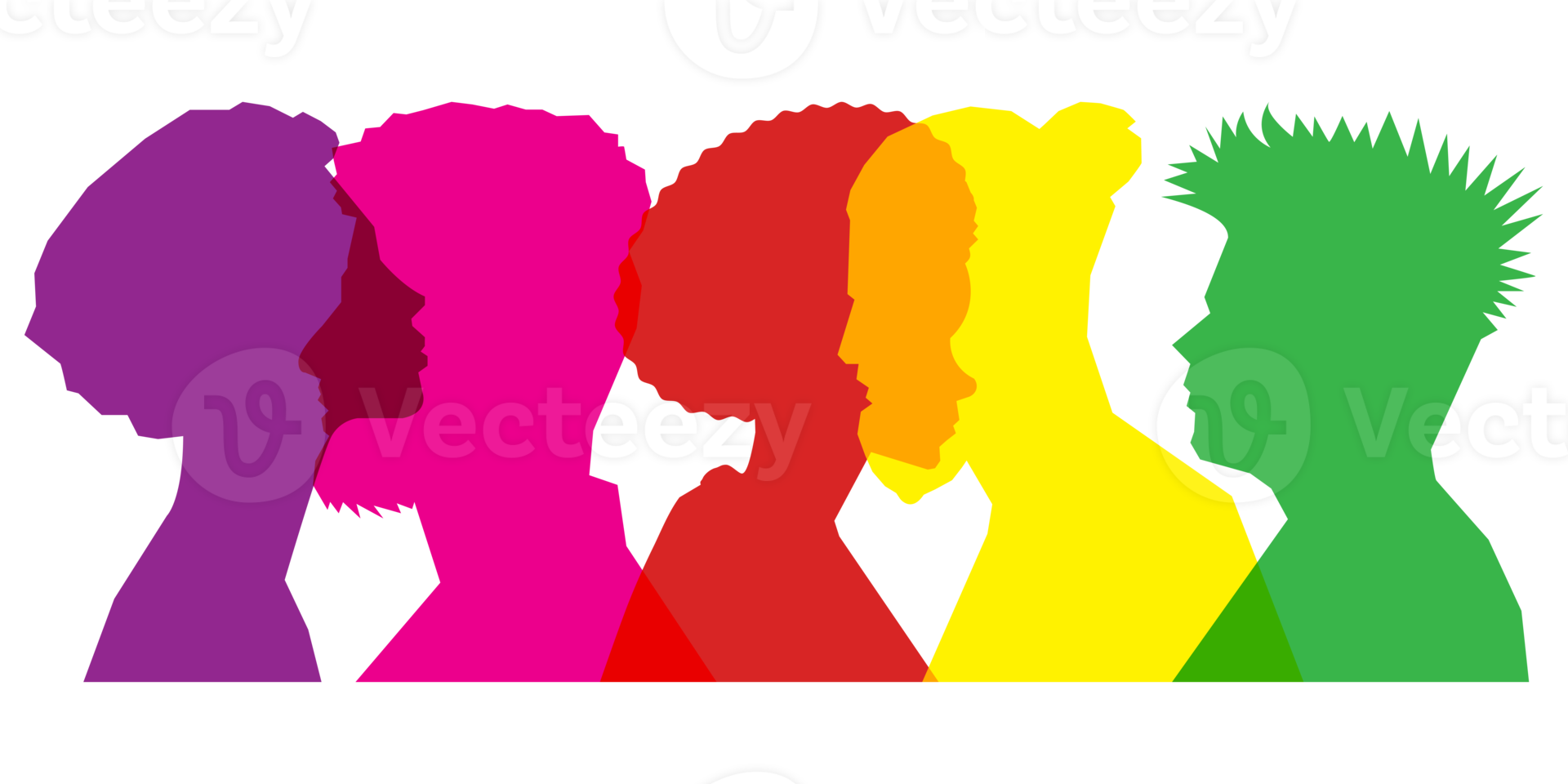 Colored silhouette people, Multiple exposure, Concept on diversity and teamwork png