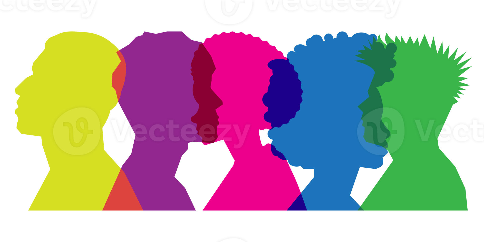 Colored silhouette people, Multiple exposure, Concept on diversity and teamwork png