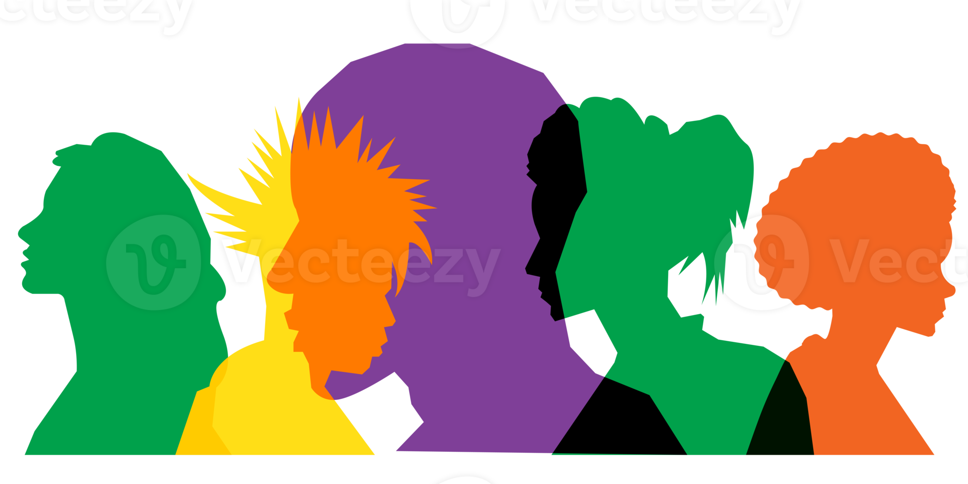 Colored silhouette people, Multiple exposure, Concept on diversity and teamwork png