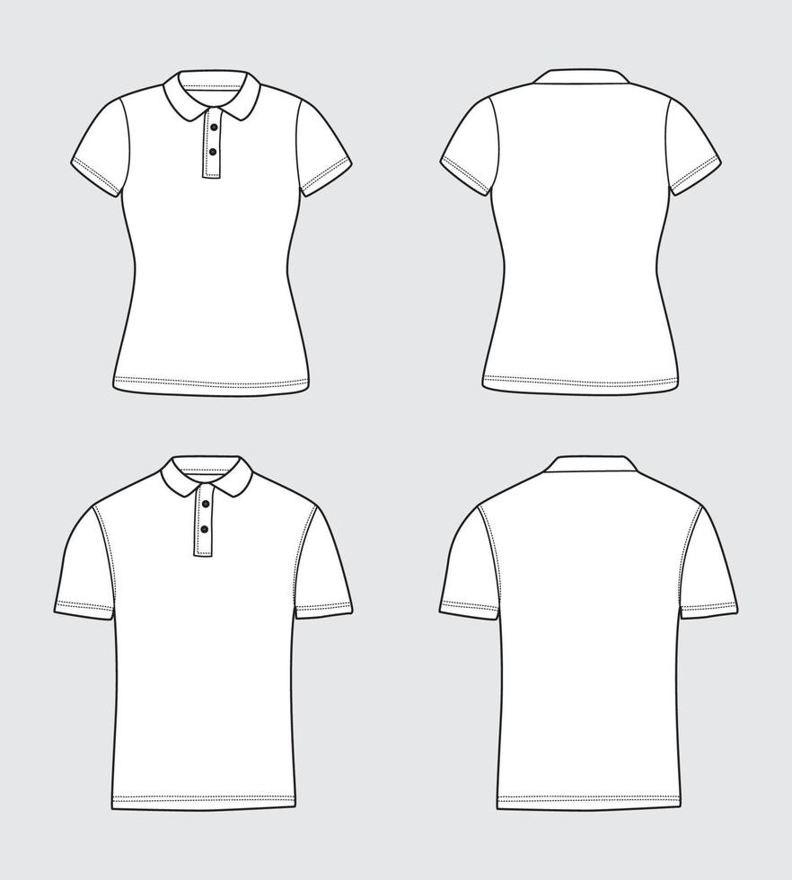 Flat Vector Outline White Polo Shirt Front and Back with Collar Apparel Template