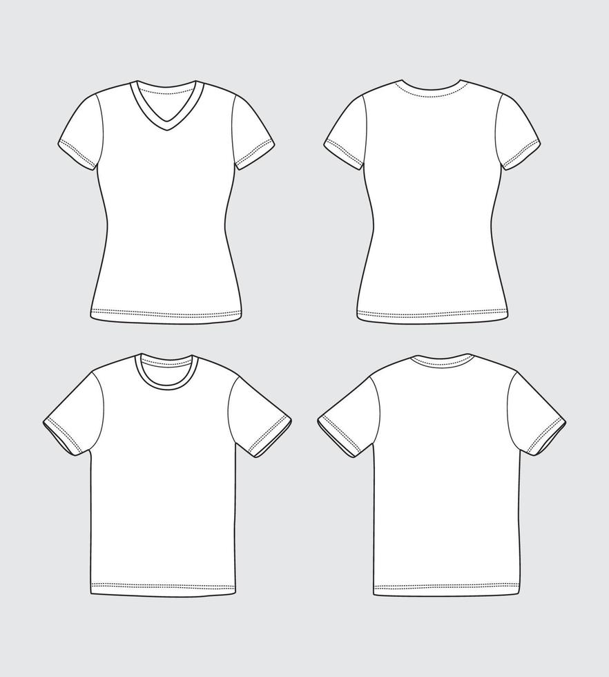 plano vector contorno blanco camiseta frente, espalda y doblez vestir modelo