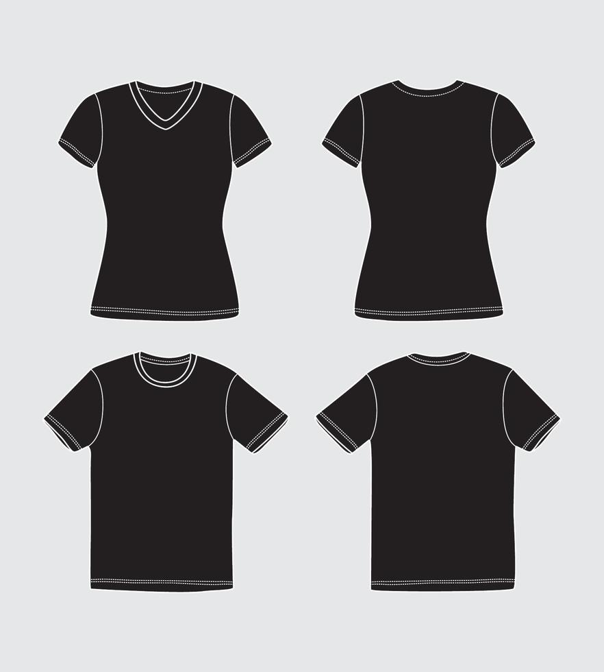 plano vector contorno negro camiseta frente, espalda y doblez vestir modelo