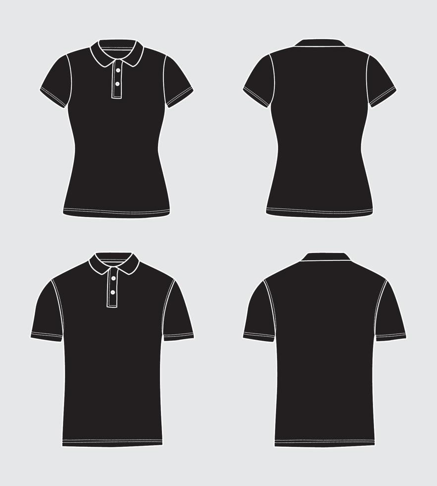 Flat Vector Outline Black Polo Shirt Front and Back with Collar Apparel Template