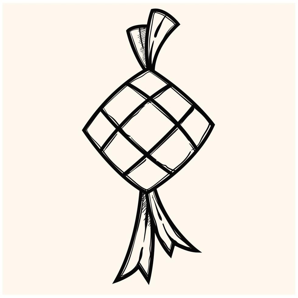 Traditional food ketupat with ribbon for Eid Mubarak celebration. doodle style illustration design vector