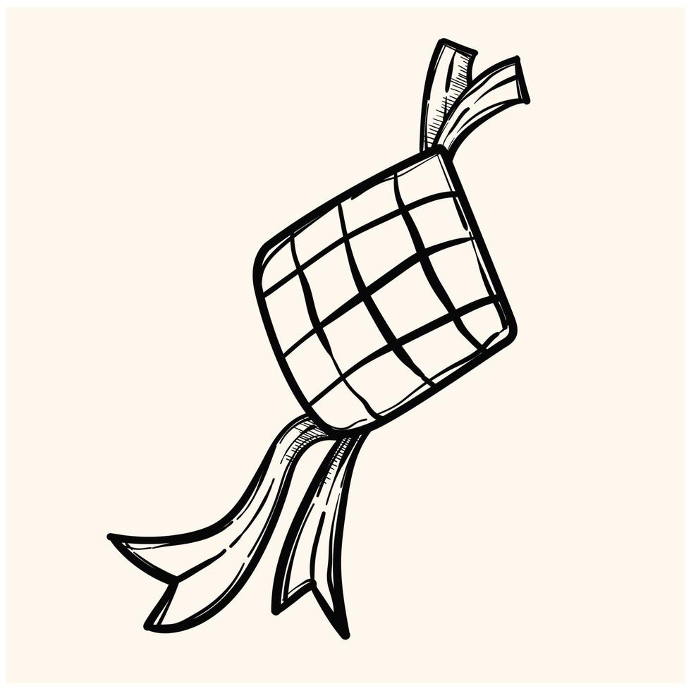 Traditional food ketupat with ribbon for Eid Mubarak celebration. doodle style illustration design vector