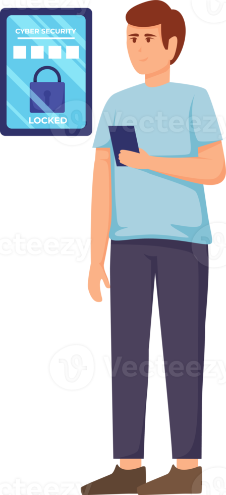 Digital data protection illustration with cyber security cartoon character. Cloud computing network safety concept png