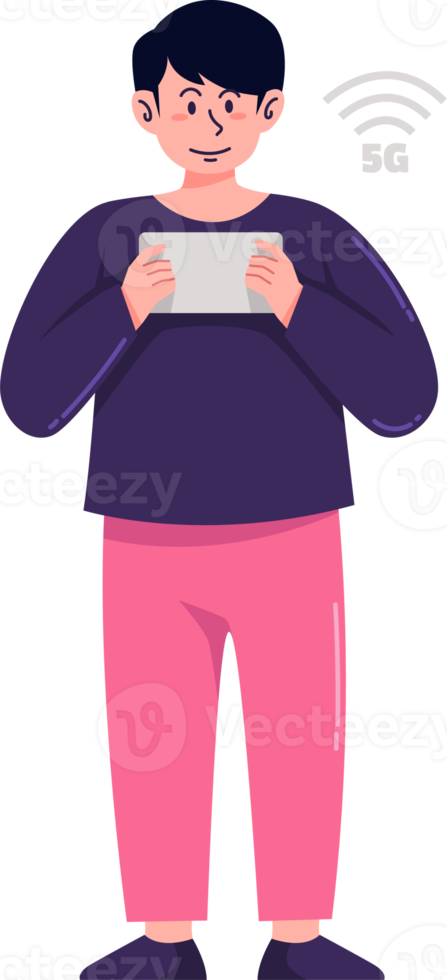 dessin animé personnage en utilisant mobile sans fil La technologie pour plus rapide connectivité avec tablette illustration. 5g sans fil réseau La technologie concept png