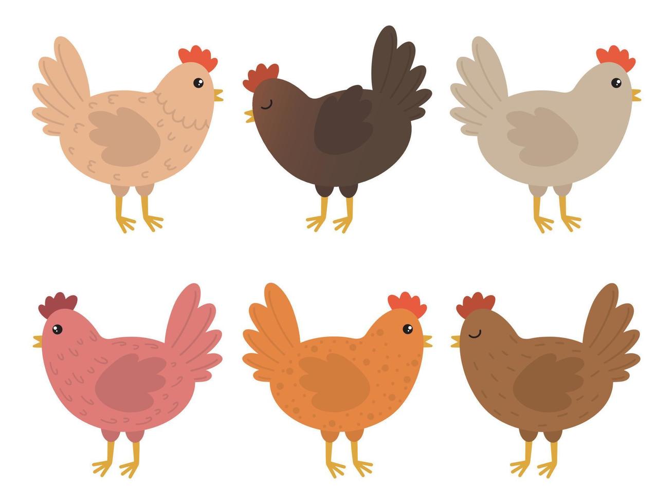 Set of cute chickens. Easter colored cartoon chickens. Vector illustration of a chicken. Set of cute cartoon chicken illustrations.