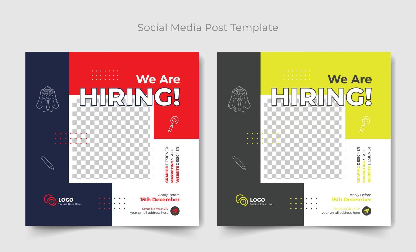 We are hiring job vacancy social media post, We are hiring job vacancy square web banner design. vector