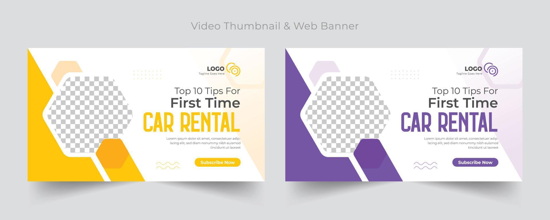 Car rental video thumbnail, social media and web banner template, Luxury car rent video thumbnail template web banner and social media cover photo design template vector