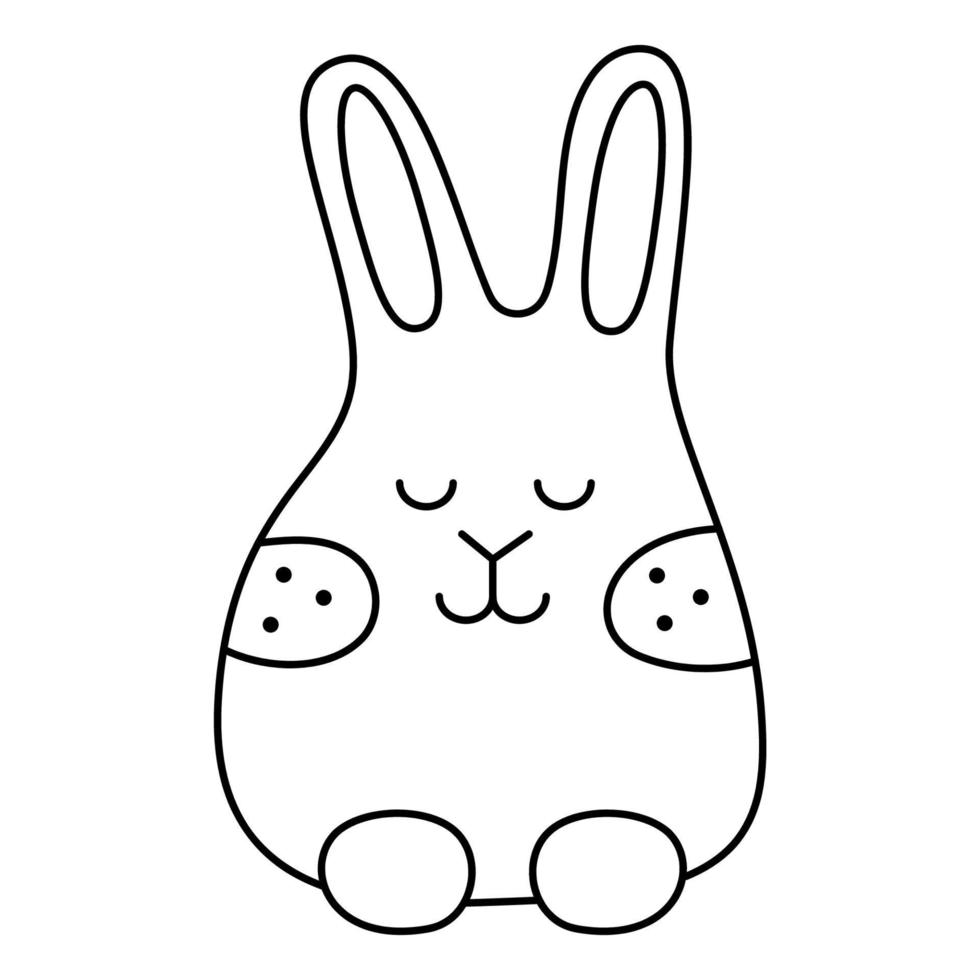 Cute easter bunny with closed eyes. Doodle black and white vector illustration.