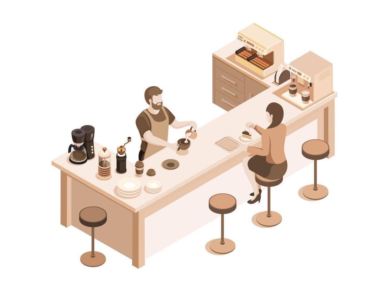 Coffee shop and bar counter and barista man vector illustration