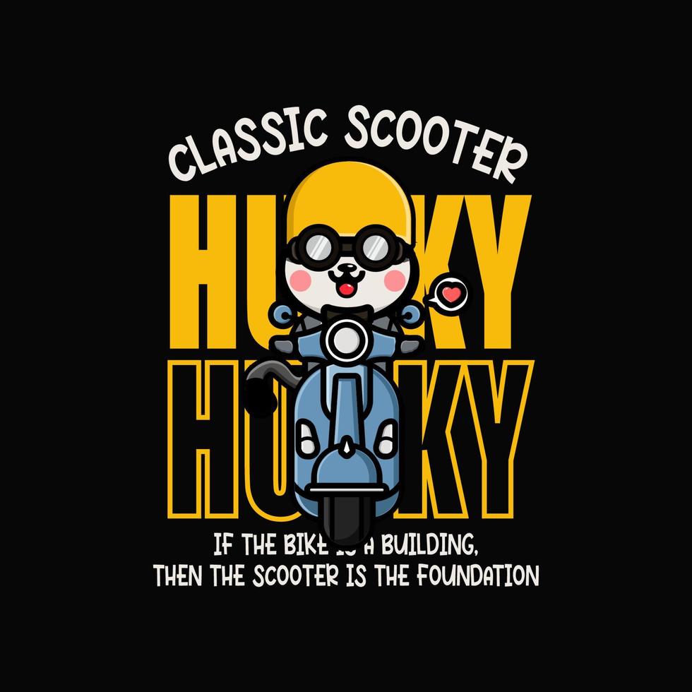 Cute husky riding scooter cartoon tshirt design vector