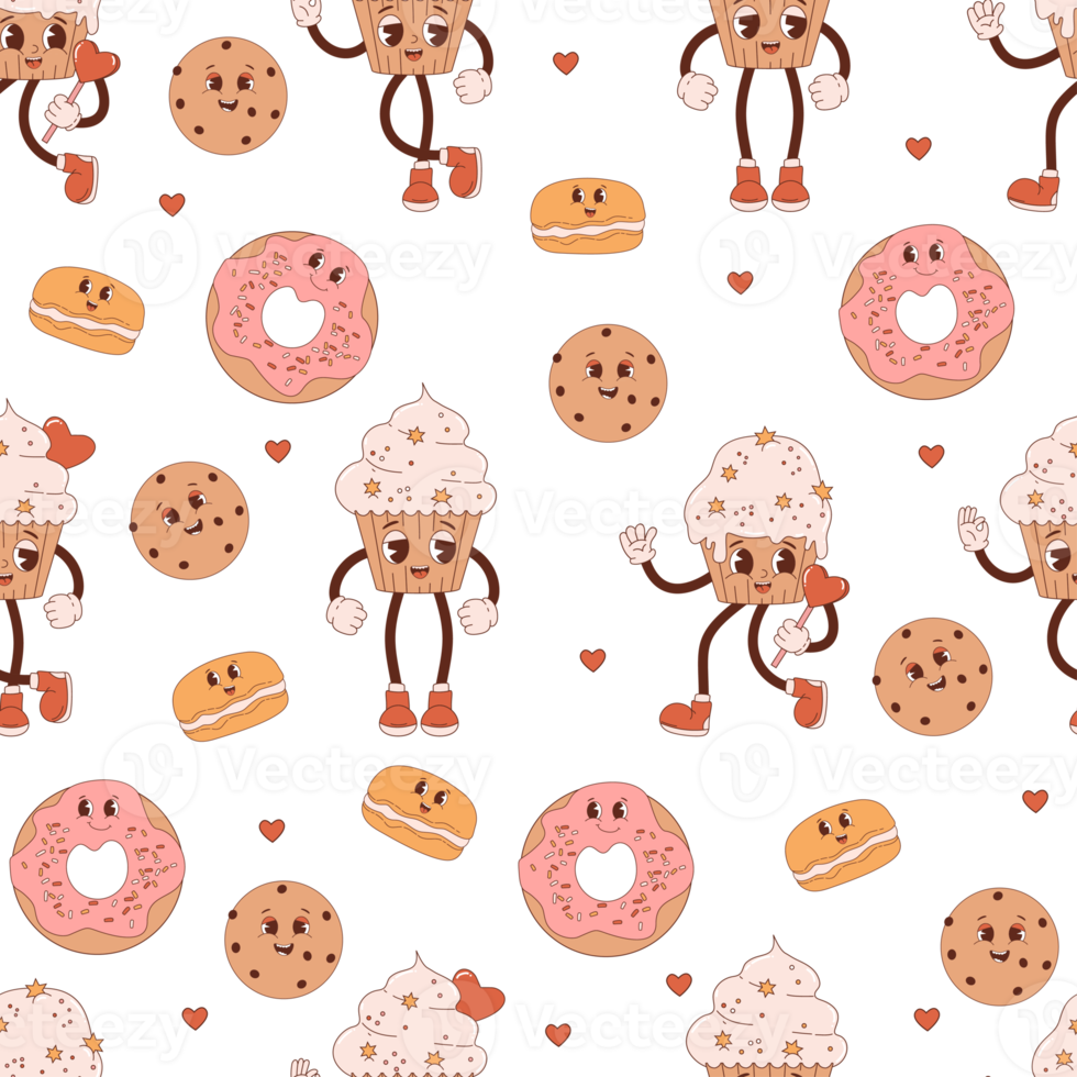 Retro seamless pattern. Cute   cupcake, donut, cookies png