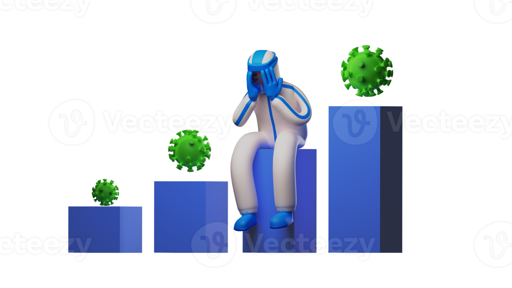 3D illustration. Paramedic 3D Cartoon Character. Paramedic sitting on blue char. Paramedic looked down. The paramedic was surrounded by virus and looked very exhausted. 3D cartoon character png