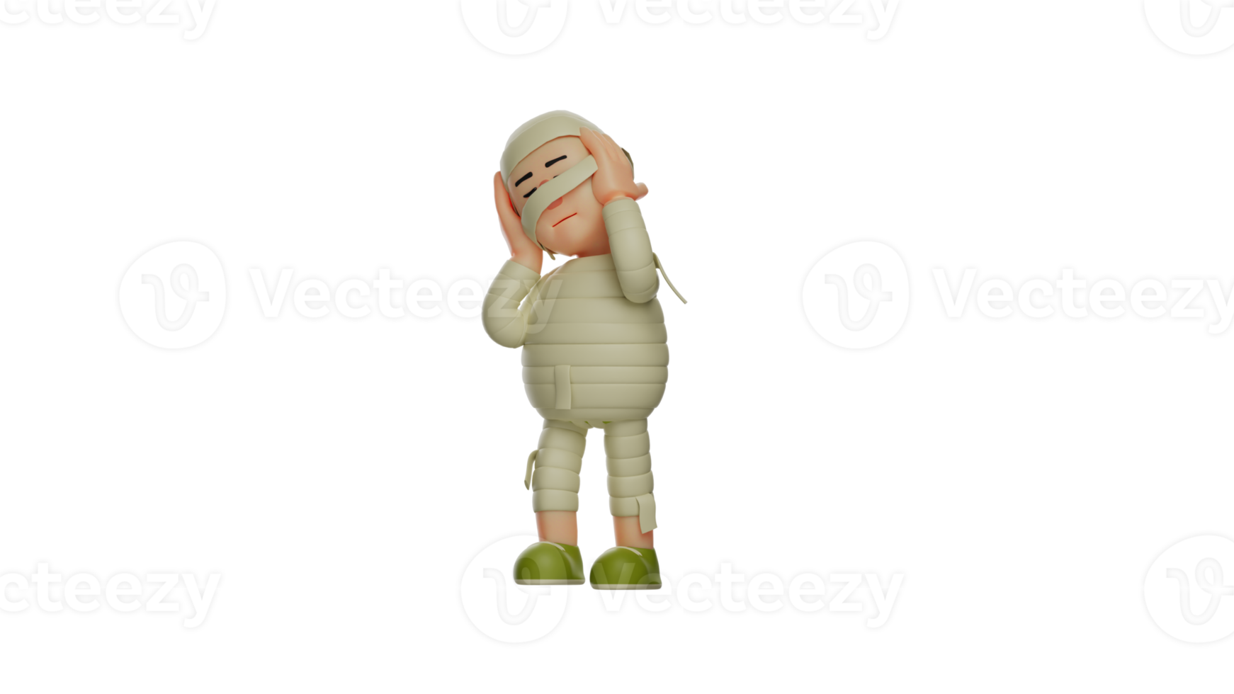3D illustration. Sick Mummy 3D Cartoon Character. Mummy looks dizzy. The little mummy holds his head with both hands. Mummy is exhausted. 3d cartoon character png