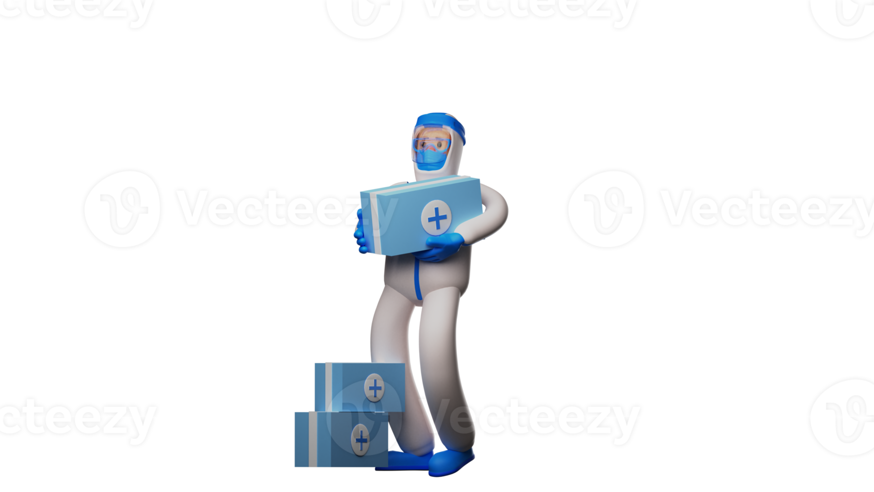 3D illustration. Health Worker 3D Cartoon Character. Paramedic is busy. Paramedic is lifting boxes of medicine stock. Paramedic with some medicine boxes. 3d cartoon character png