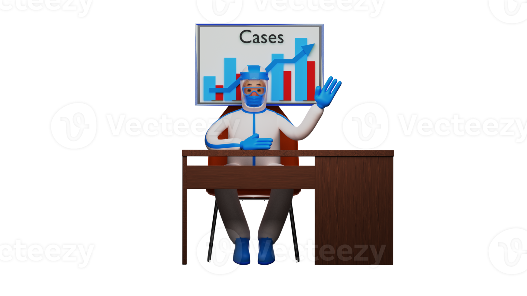 3D illustration. Hospital Leader 3D Cartoon Character. Paramedic sit in the front seat. Paramedic explained the cases. Paramedic and case increase table. 3D cartoon character png