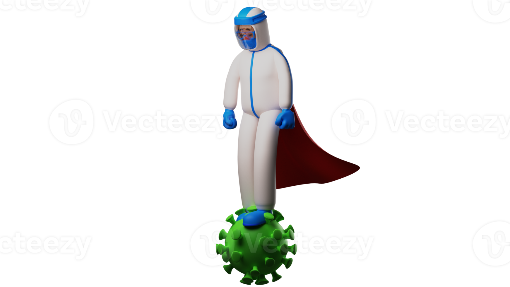 3D illustration. Cool Paramedic 3D Cartoon Character. Paramedic use a cloth on his back. The paramedic stand over the virus. 3D cartoon character png
