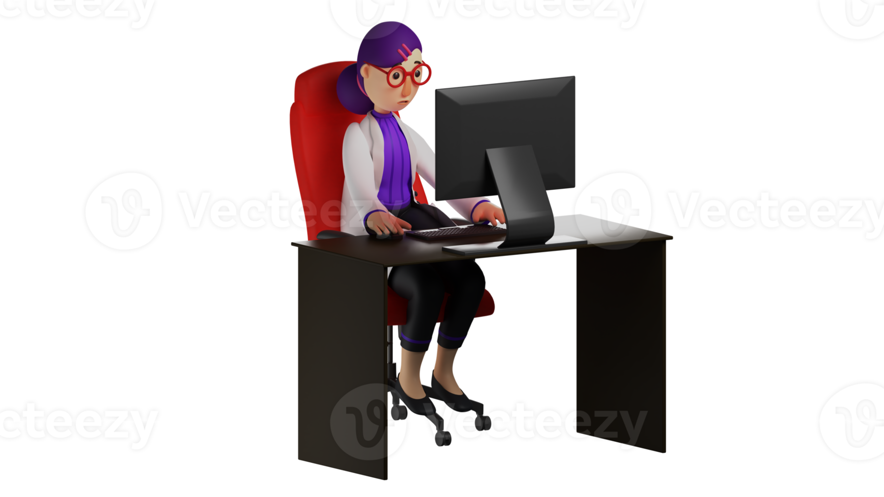 3D illustration. Hospital Chief  3D Cartoon Character. Beautiful hospital head sitting in front of her computer. Doctor is checking the report. Doctor with a confused expression. 3D Cartoon Character png