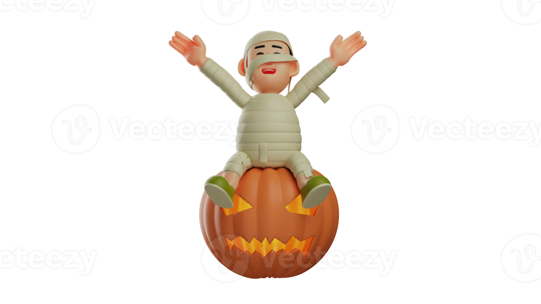 3D illustration. Happy Mummy 3D Cartoon Character. Mummy smiled sweetly while stretching his hands up. Cute mummy sitting on a big pumpkin. 3D cartoon character png