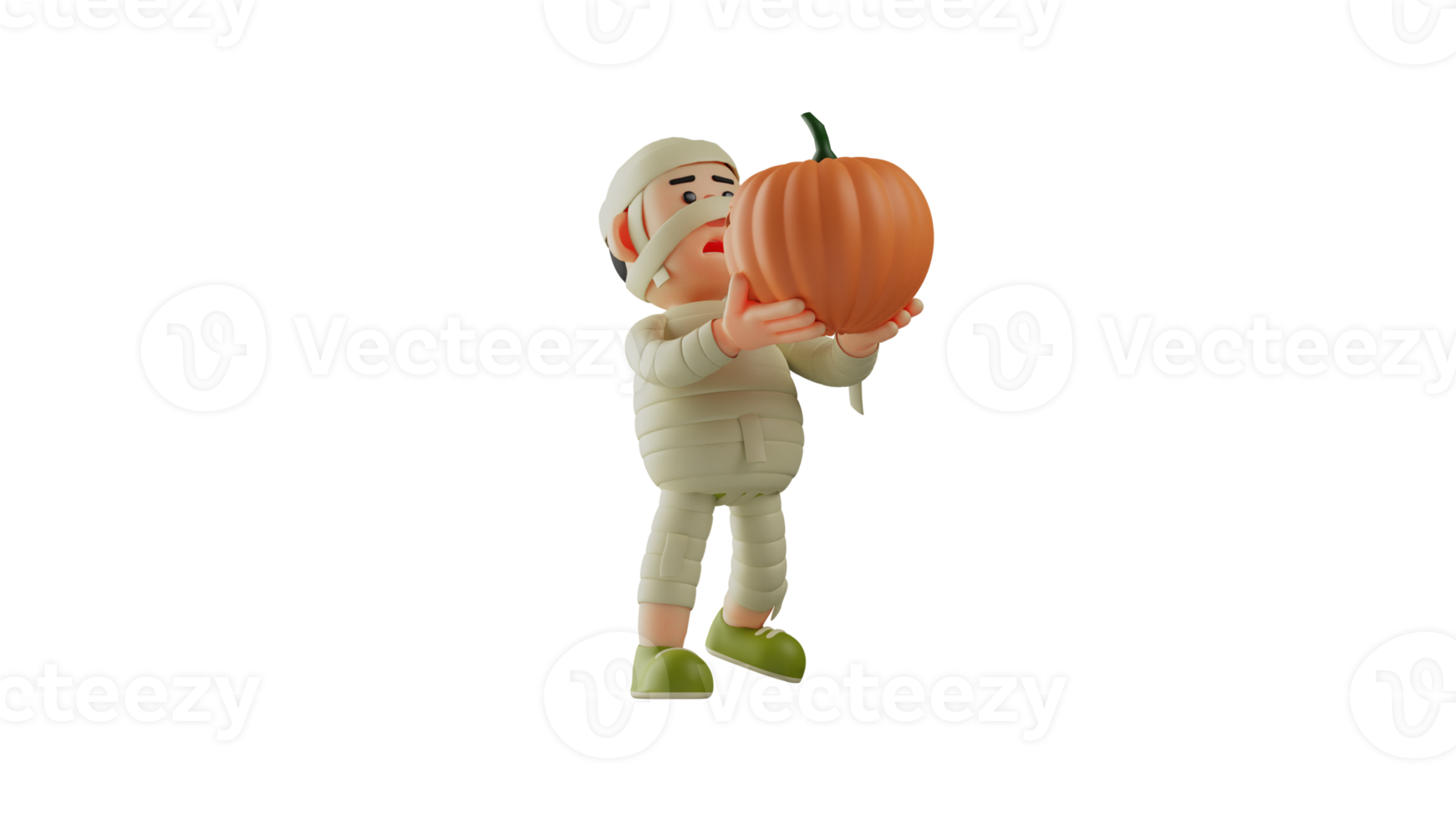 3D illustration. Mummy 3D Cartoon Character. Handsome Mummy lifted the pumpkin using both hands. Mummy looks very shocked. Mummy boy handing pumpkin. 3D cartoon character png