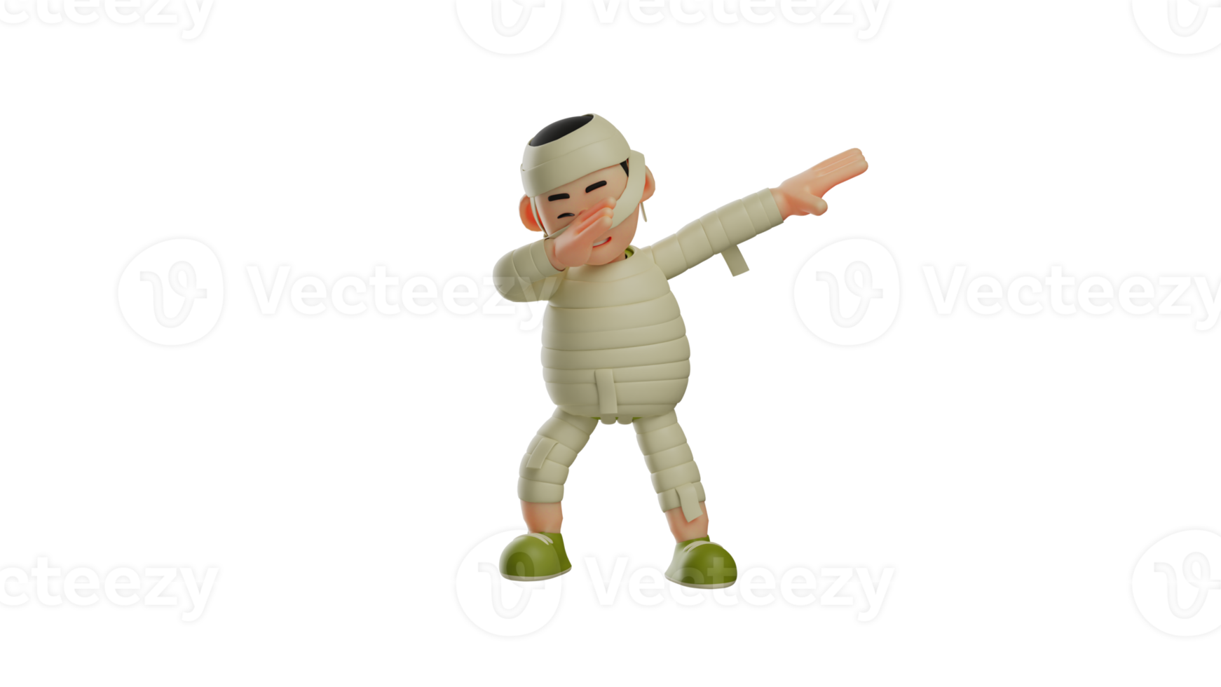 3D illustration. Cheerful Mummy 3D Cartoon Character. Cute mummy in DAB pose. Cute mummy smiling happily. Mummy is expressing his feelings. Boys wear mummy costumes and celebrate. 3d cartoon character png