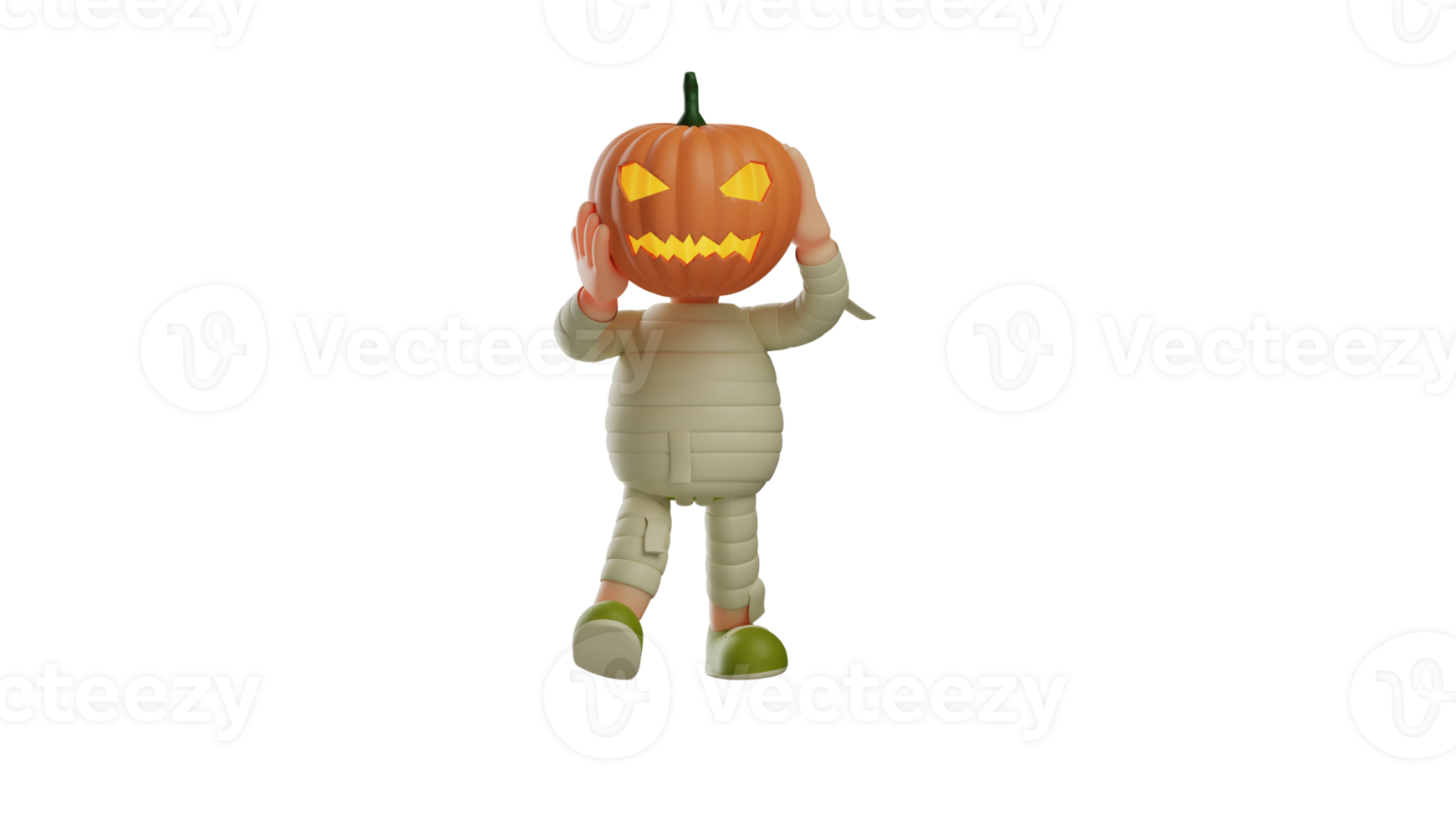 3D illustration. Charming Mummy 3D Cartoon Character. Mummy wearing a pumpkin mask. Handsome mummy attends Halloween party. Happy mummy wearing cool green shoes. 3D cartoon character png