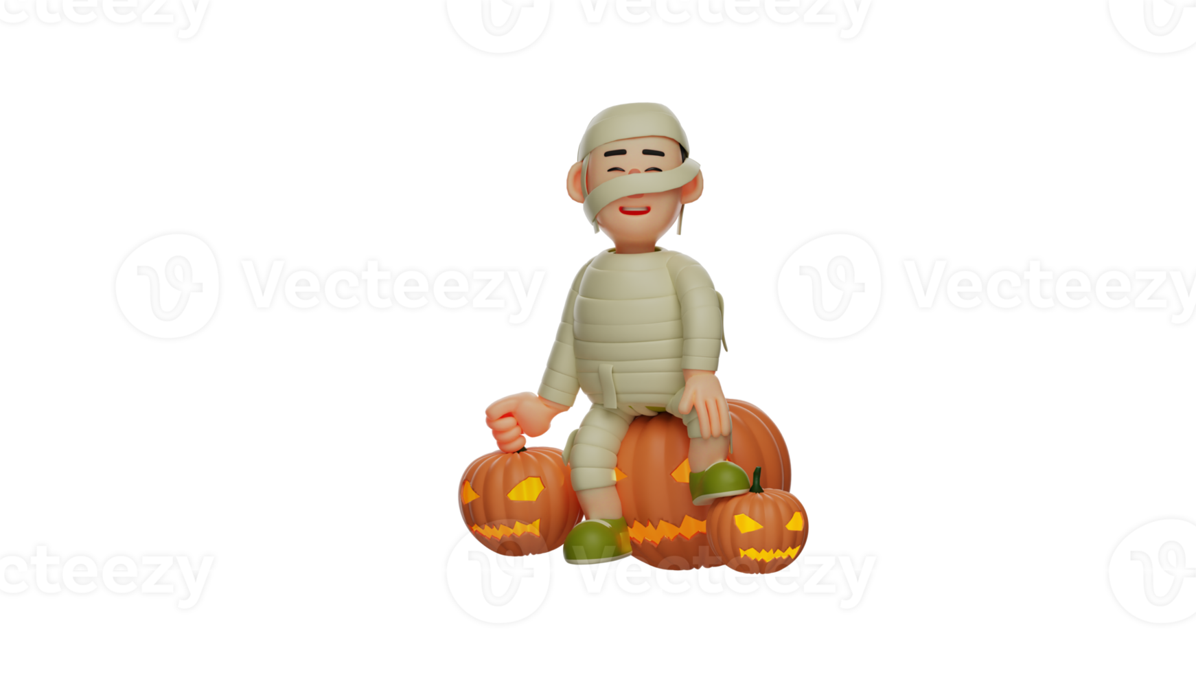3D illustration. Handsome Mummy 3D Cartoon Character. Boy wearing mummy costume. The boy looks very happy. Adorable mummy sitting and surrounded by pumpkins. 3D cartoon character png
