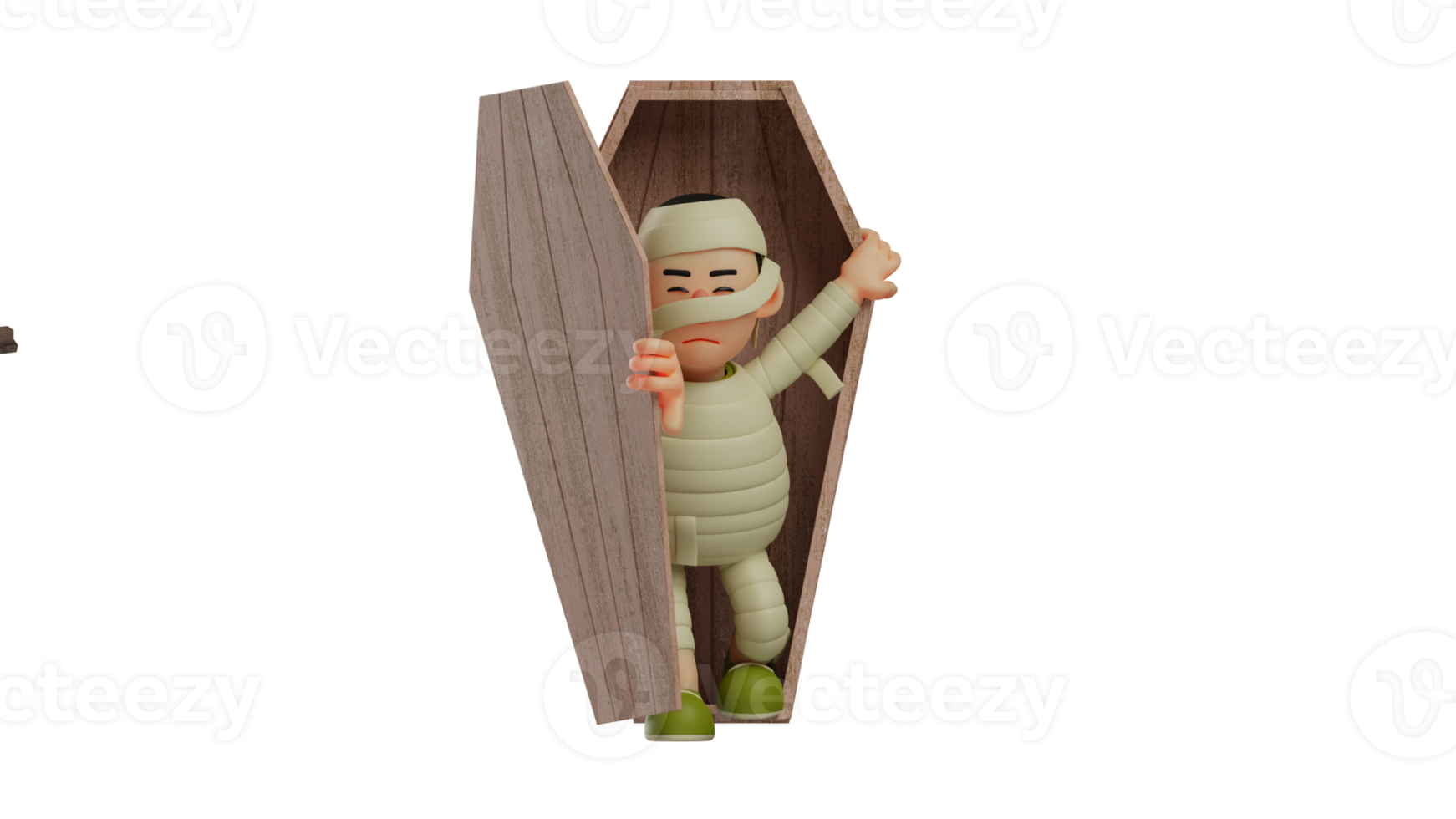 3D illustration. Handsome Mummy 3D Cartoon Character. Mummy trying to get out of the coffin. Mummy is trying really hard. Mummy with a tense expression. 3D cartoon character png