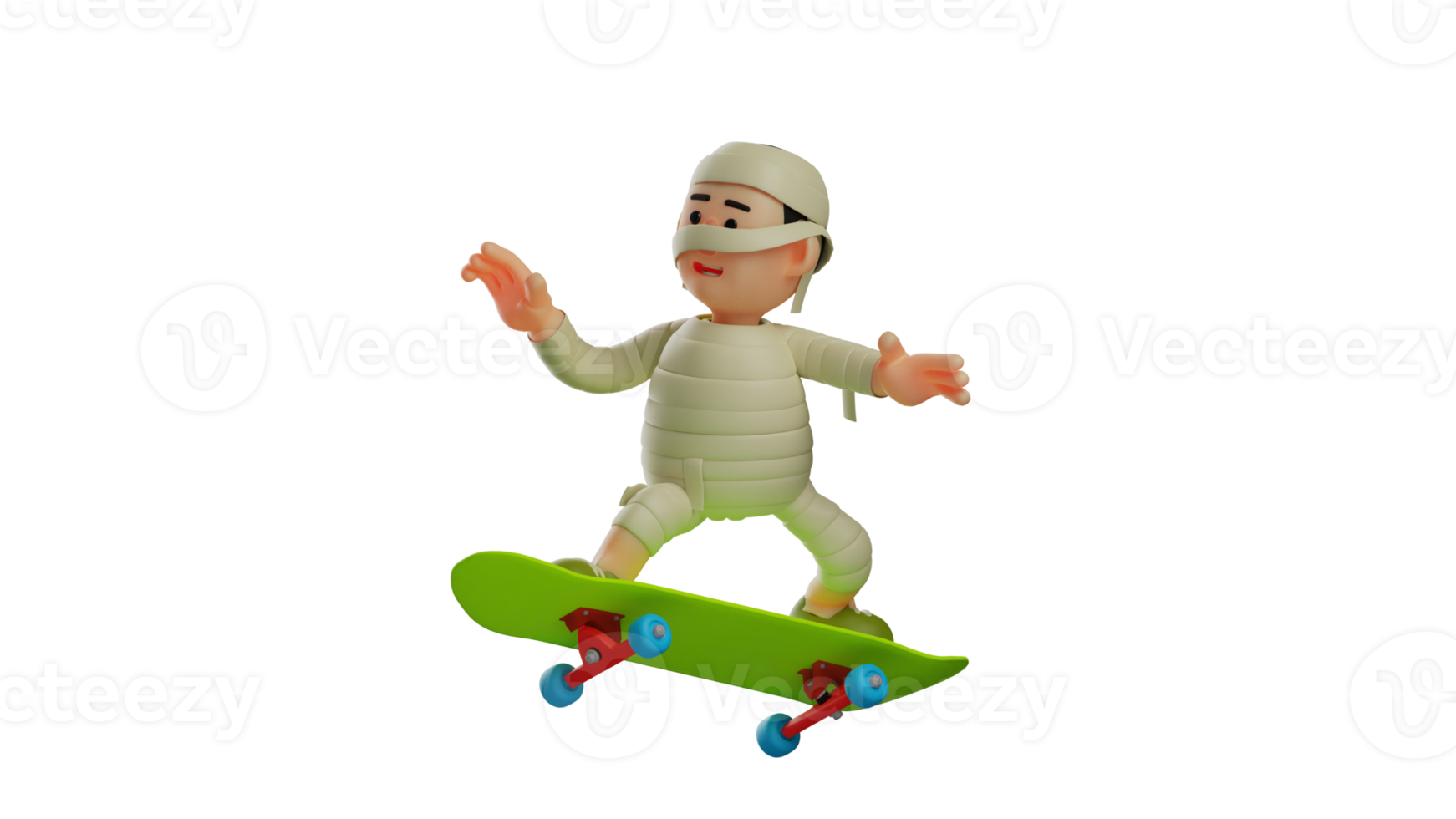 3D illustration. Energetic Mummy 3D Cartoon Character. Cute mummy is playing skateboard. Little Mummy is playing happily. Boy wearing mummy costume. 3D cartoon character png