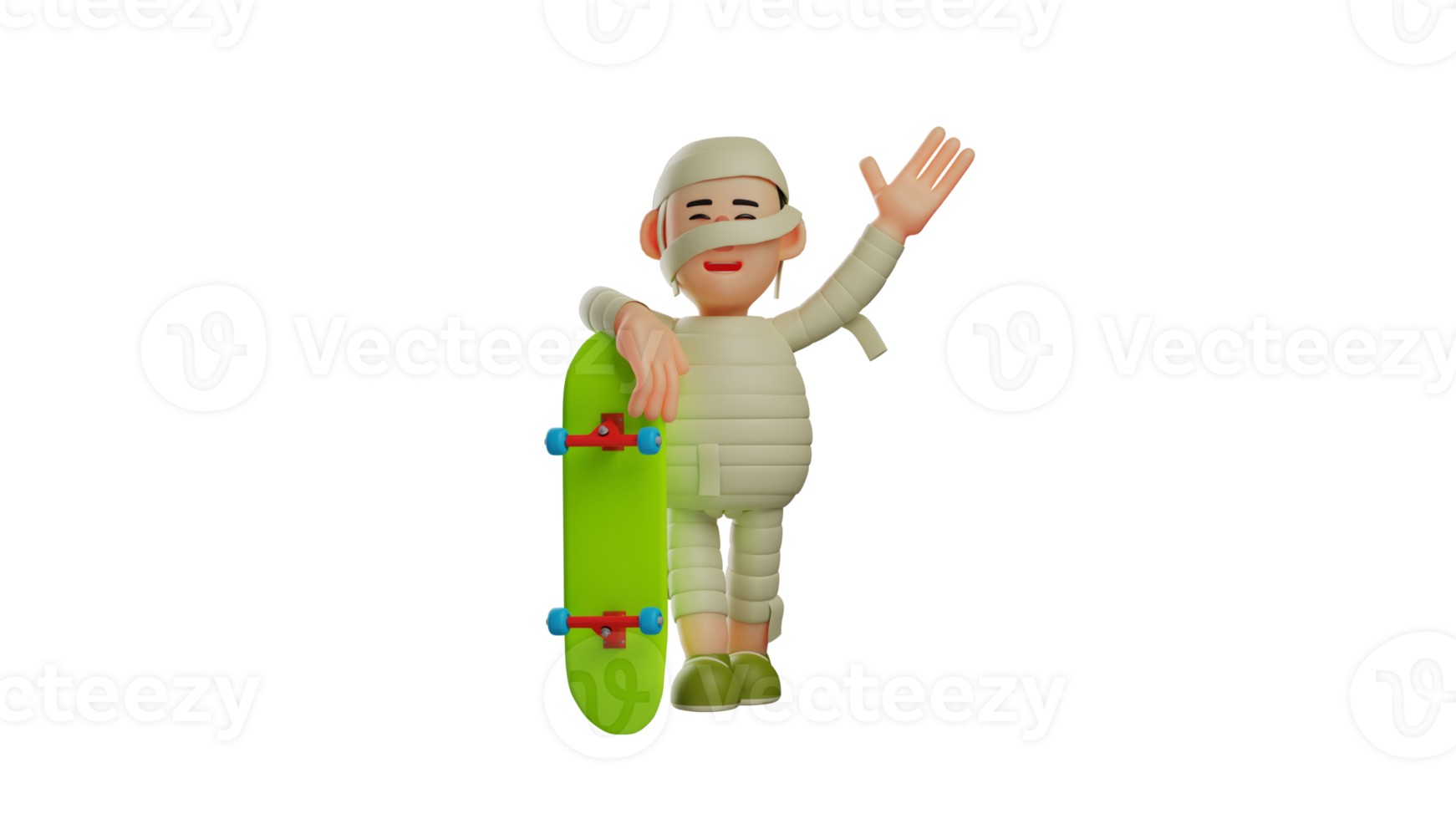 3d illustrazione. amichevole mummia 3d cartone animato carattere. bello mummia in piedi Tenere un' verde tastiera del computer. mummia sorrise e salutò il suo mano. 3d cartone animato personaggio png