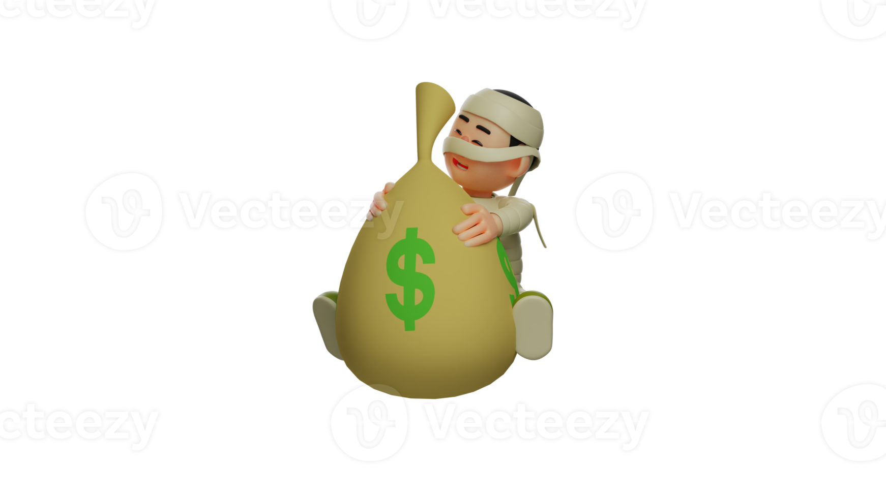 3D illustration. Adorable Rich Mummy 3D Cartoon Character. Mummy sits hugging a sack full of money. Little Mummy smiling happily. Cute mummy is happy. 3D cartoon character png